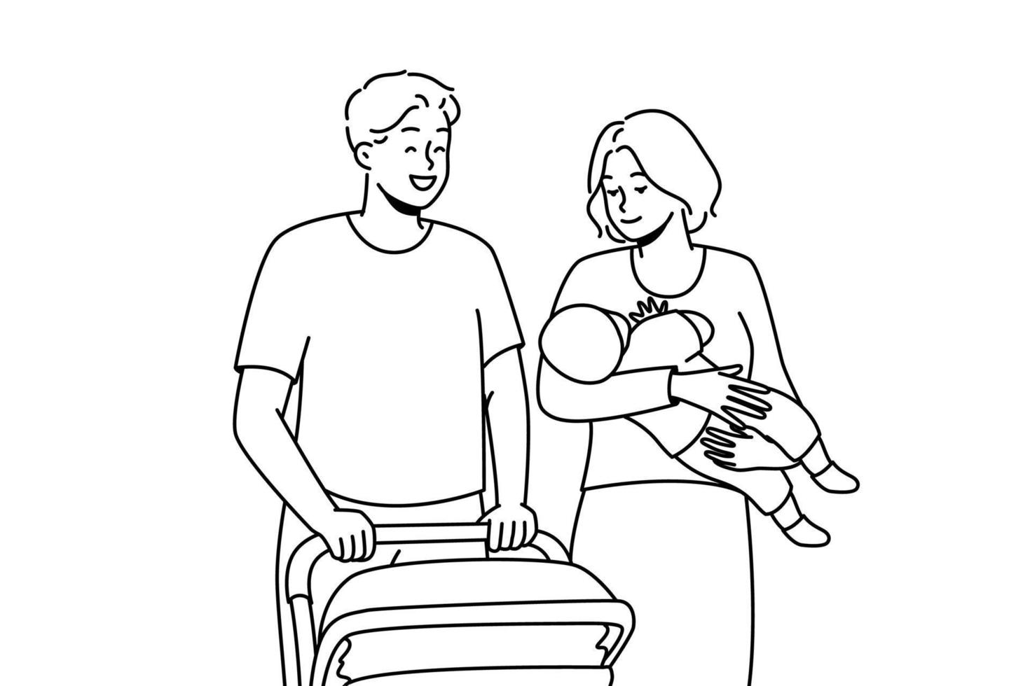 gelukkig jong familie met baby wandelen met wandelwagen buitenshuis. glimlachen ouders met kind in handen genieten van wandelen buiten. vector illustratie.