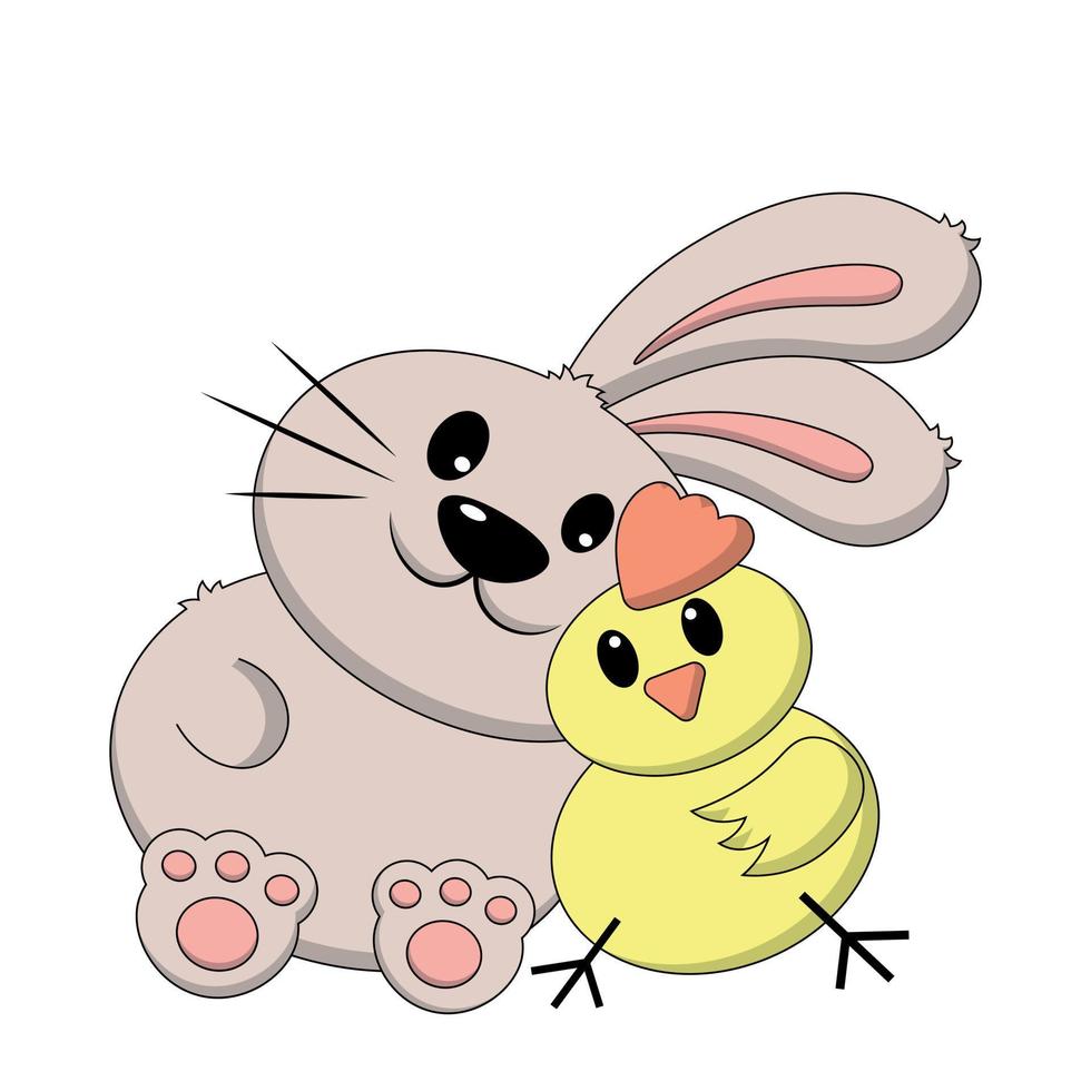schattig konijn en kip knuffel. trek illustratie in kleur vector