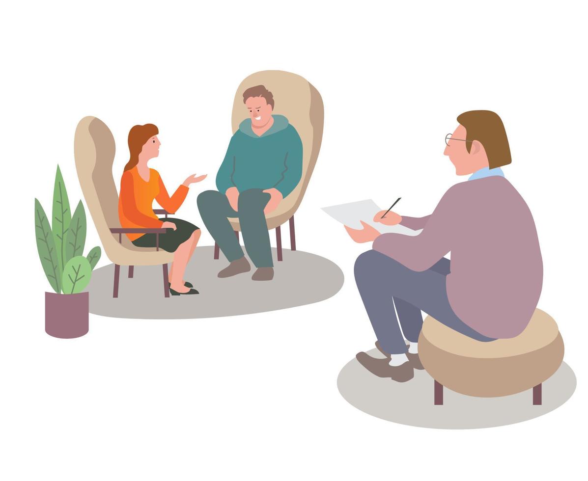 familie psychotherapie sessie. gesprek met een psycholoog. mannen en Dames pratend naar dokter over relaties problemen vector