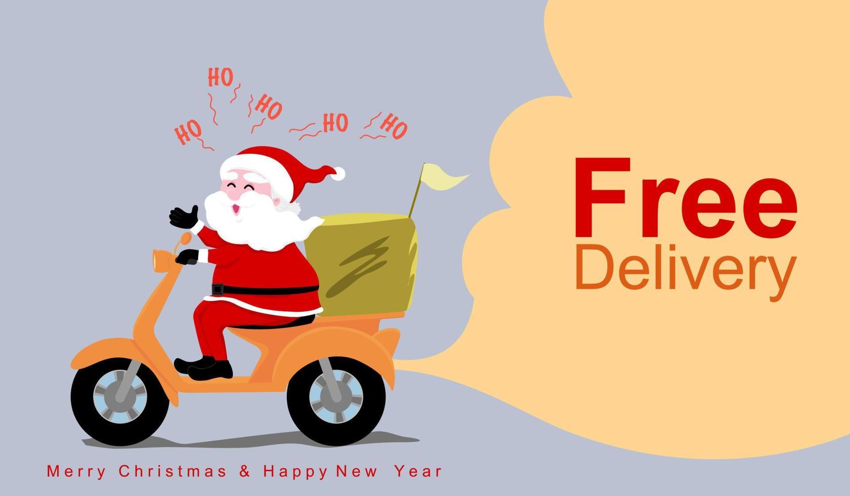 de kerstman claus rijden een fiets levering goederen Aan Kerstmis vakantie en nieuw jaar, met Promotie teksten vrij levering in oranje kopiëren ruimte wolk het formulier vector