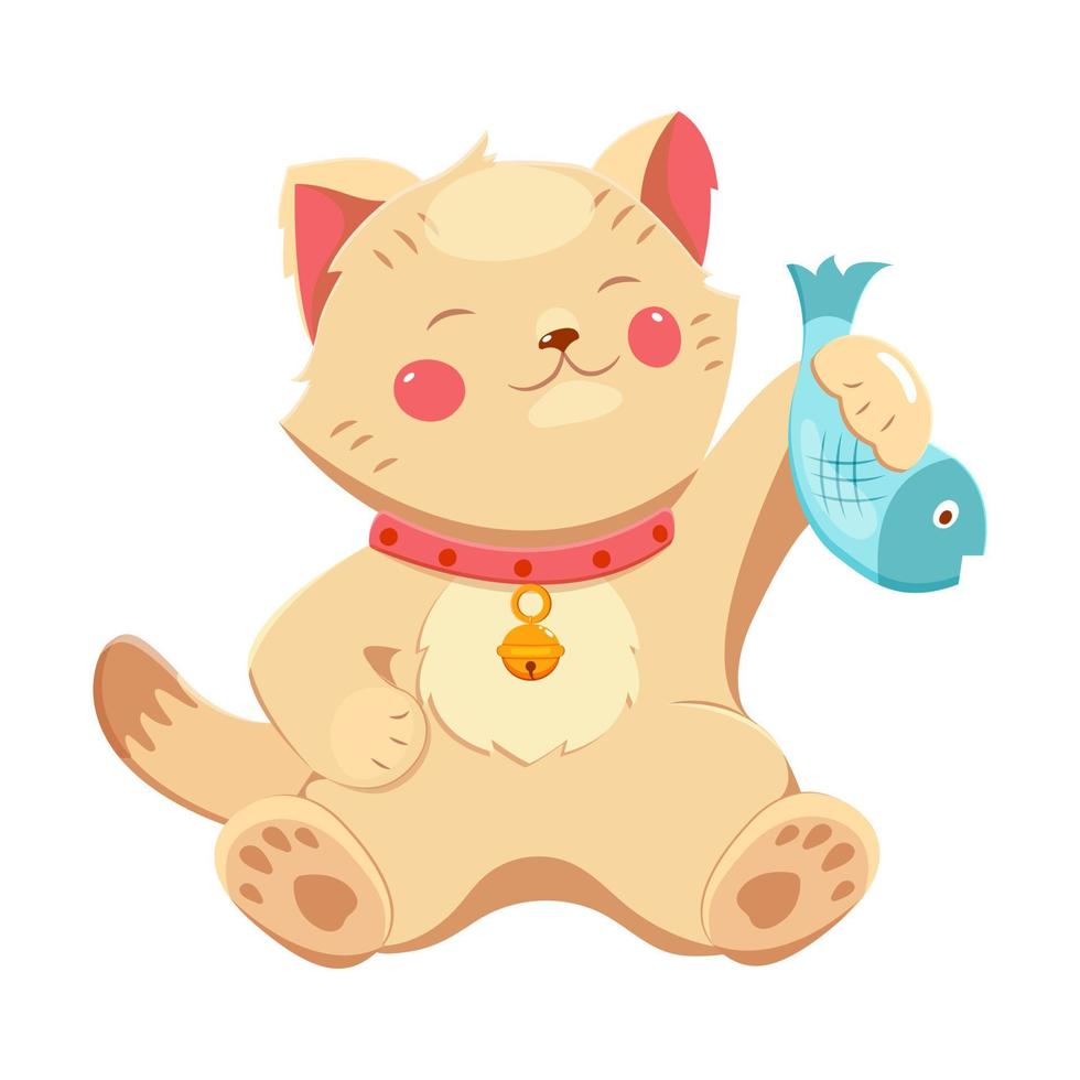 mooi zo geluk maneki-neko kat met vis in haar poot en klok in de omgeving van haar nek. vector