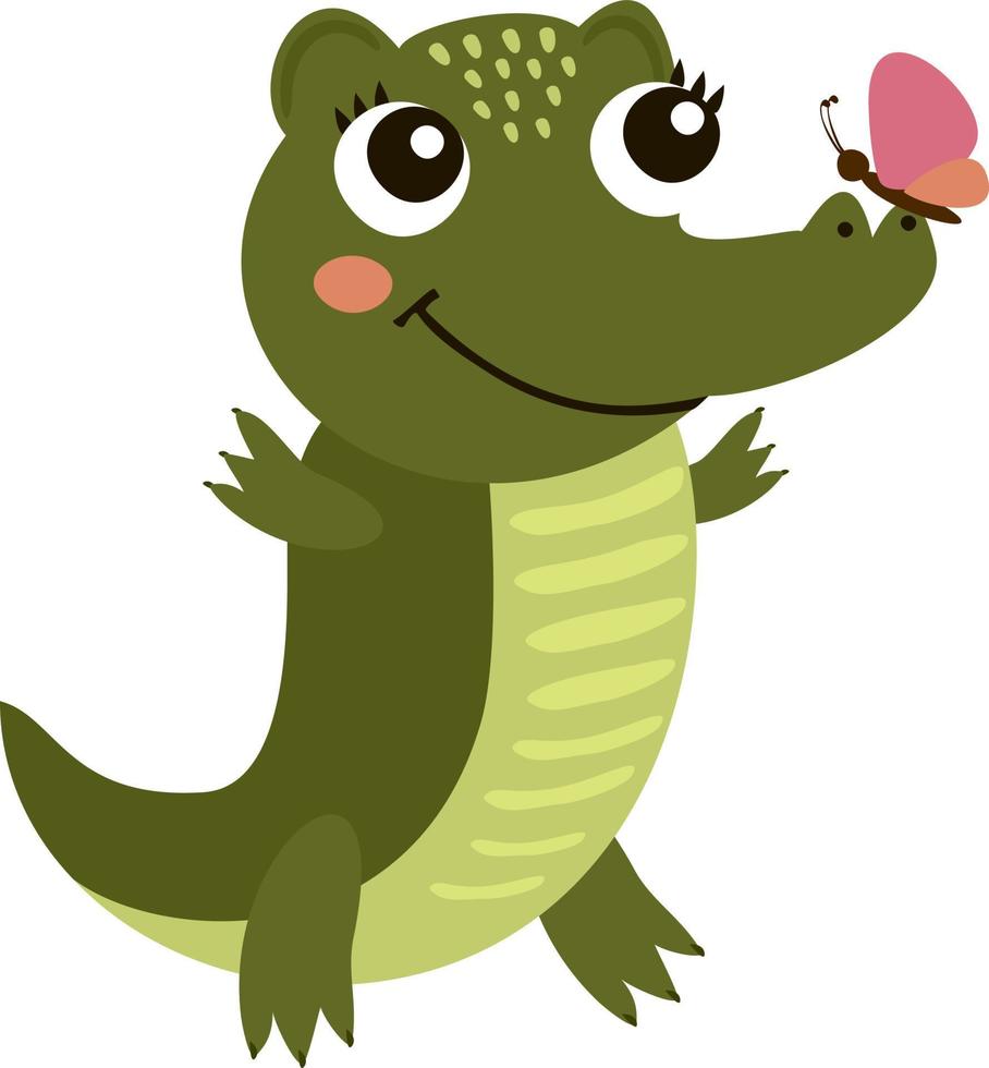 croc met vlinder, illustratie, vector Aan wit achtergrond.