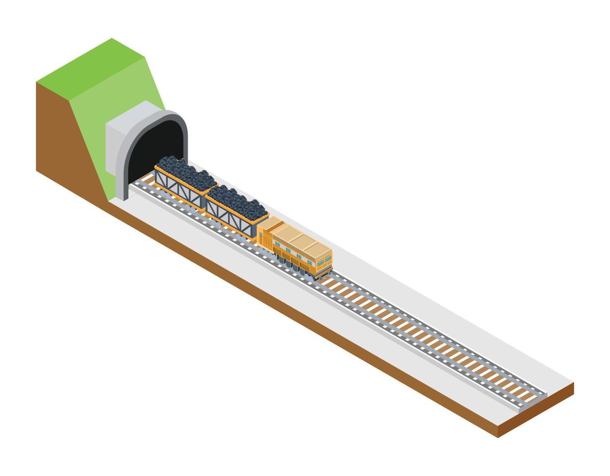 isometrische spoorweg lijn met treinen draag- steenkool. geschikt voor diagrammen, infografieken, en andere grafisch middelen vector