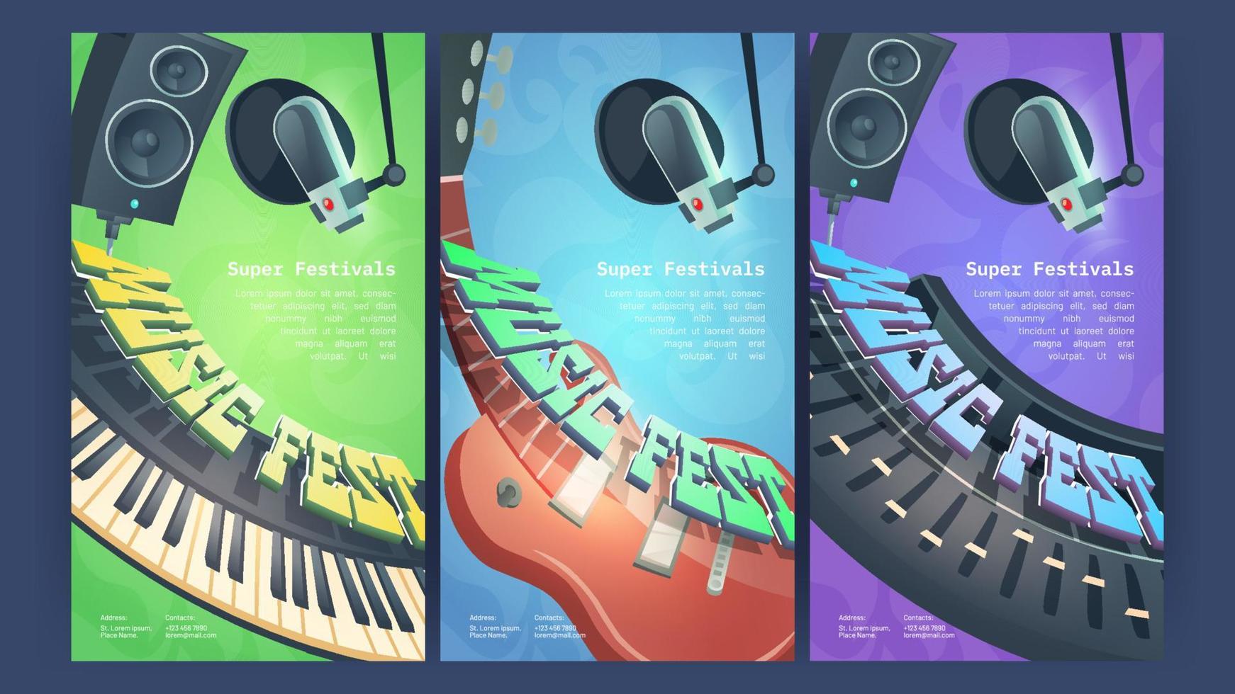 muziek- fest tekenfilm posters met studio instrumenten vector