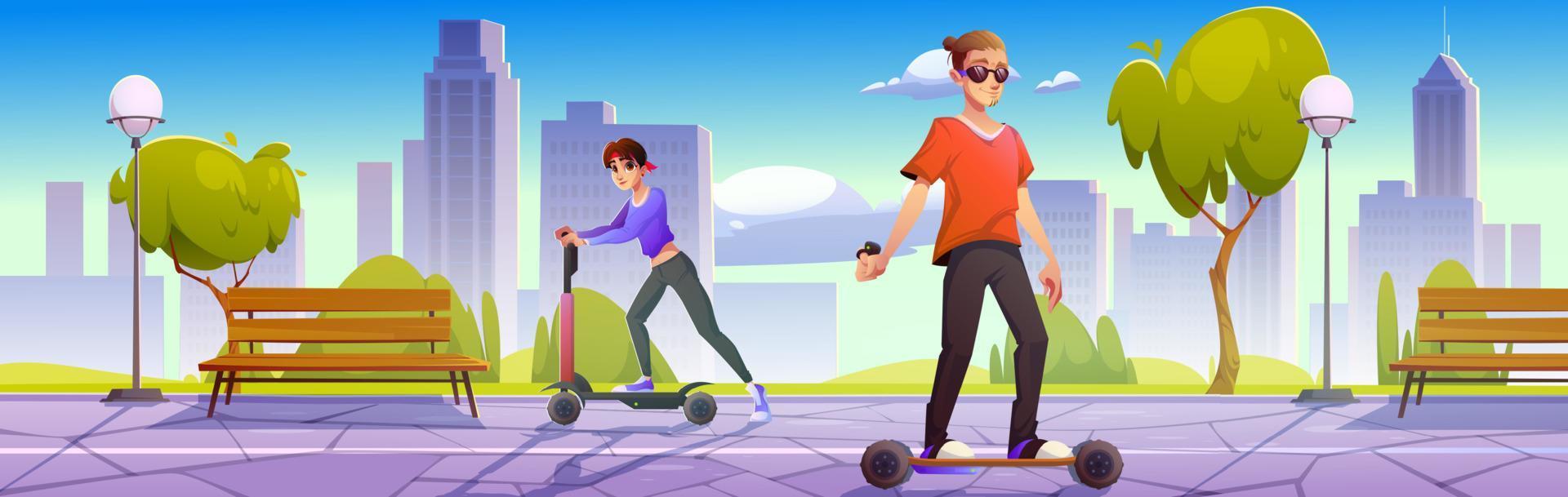 mensen Aan elektrisch scooter en skateboard in park vector
