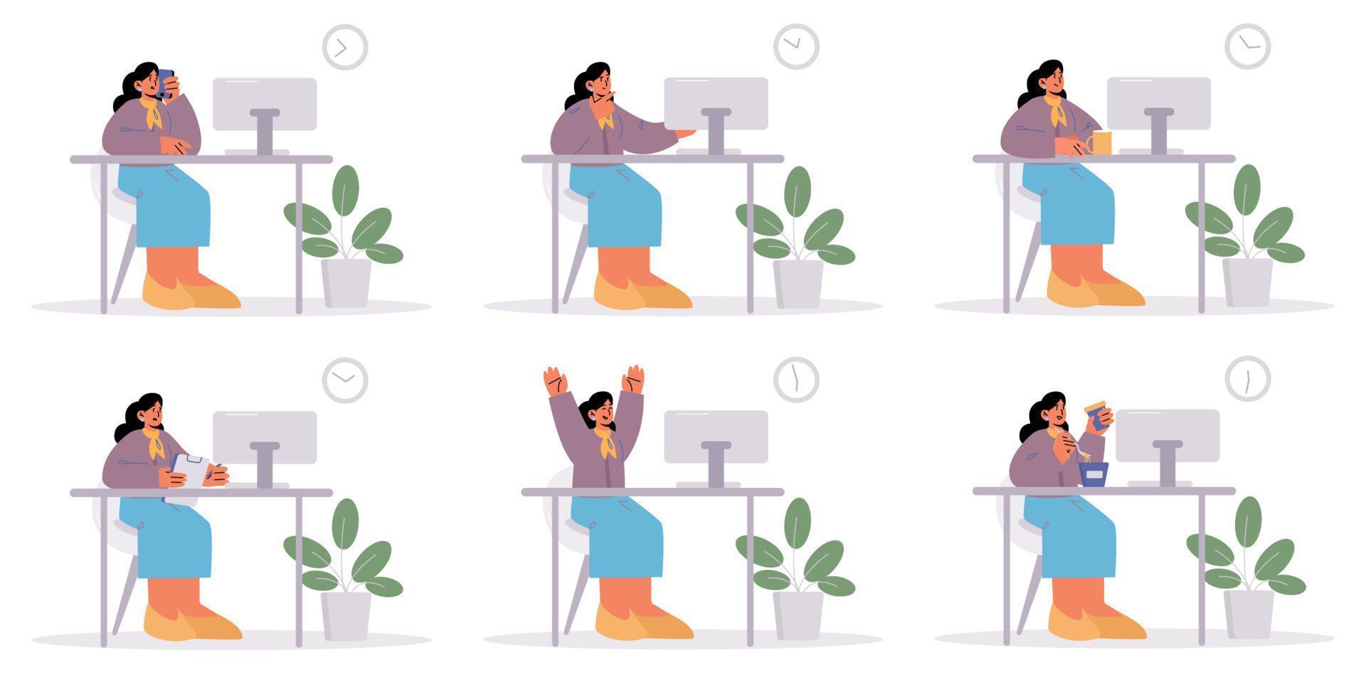 vrouw kantoor arbeider zittend Bij bureau met computer vector