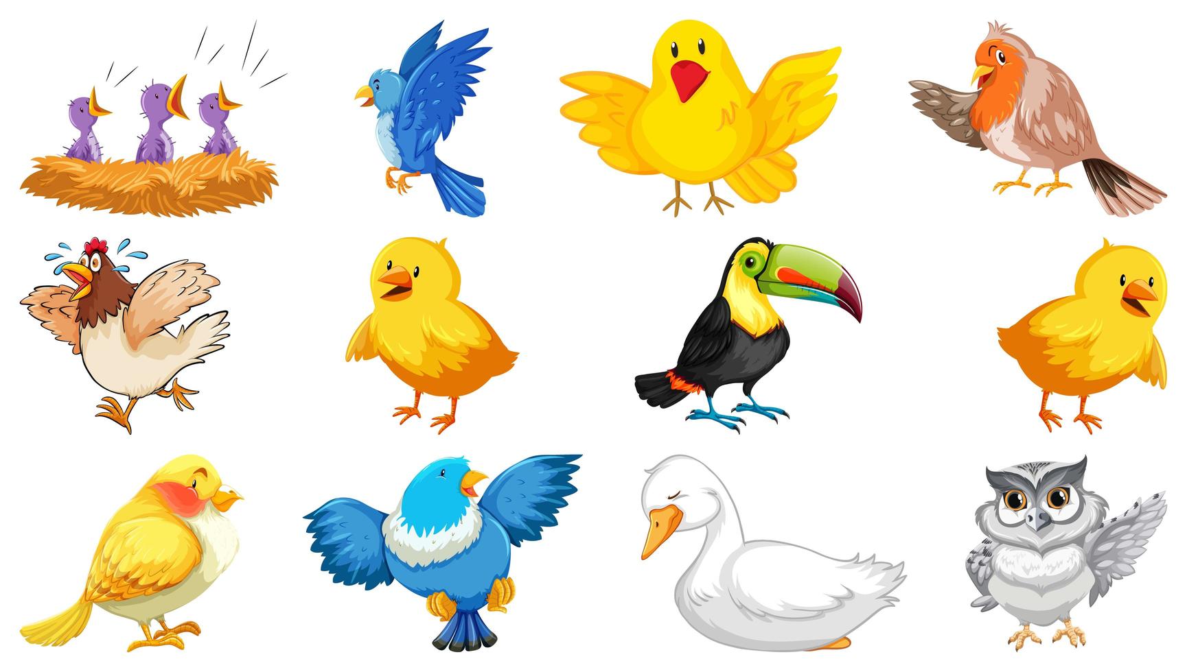 set van verschillende vogels in cartoon stijl geïsoleerd vector