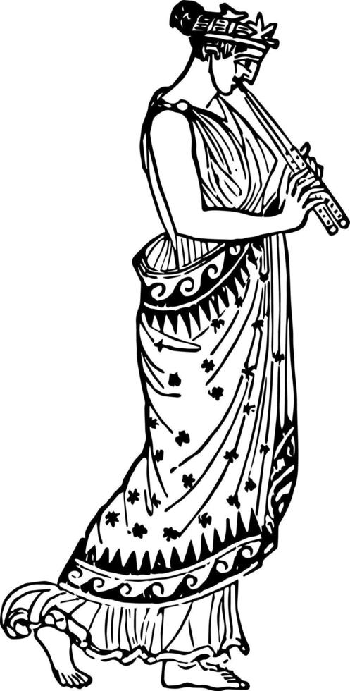 grecian vrouw met dubbele fluit, wijnoogst illustratie. vector
