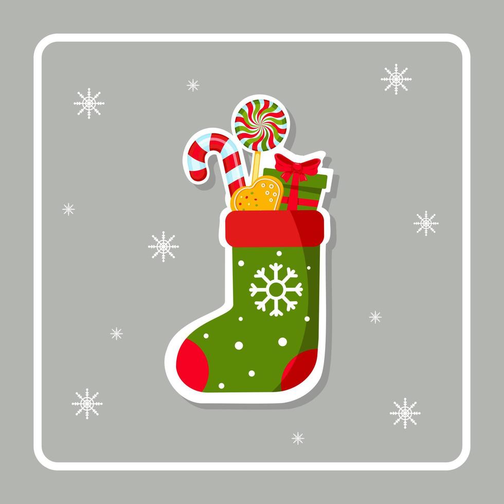 schattig Kerstmis kaart met Kerstmis sok en geschenken. winter sticker. groet kaart, kader voor kerstmis, nieuw jaar. winter vakantie decoratie. traditioneel christenen symbool. helder vector illustratie