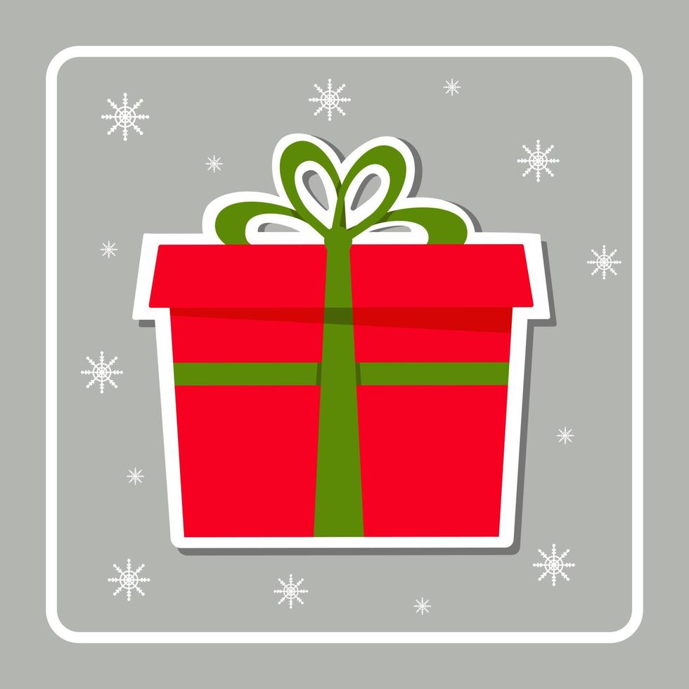 Kerstmis kaart met rood geschenk doos met groen lint en boog. winter sticker. groet kaart, kader voor kerstmis, nieuw jaar. ontwerp element voor ansichtkaart, uitnodiging. vector illustratie