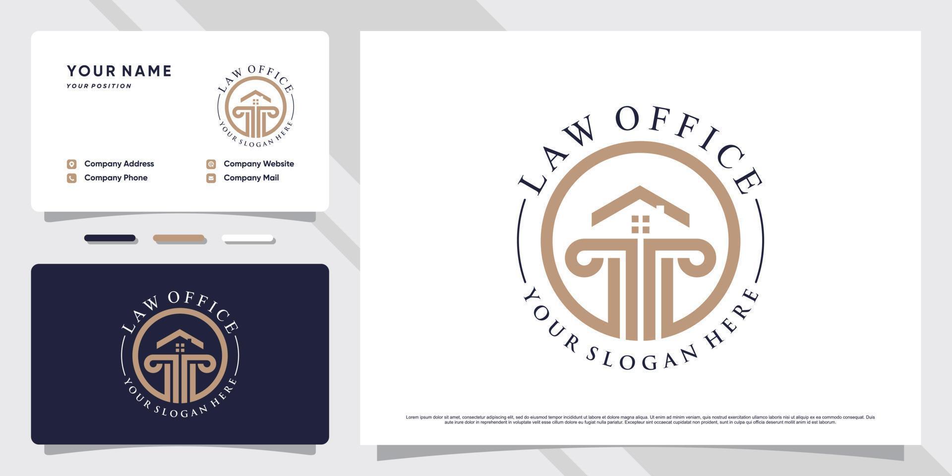 wet logo ontwerp voor advocaat kantoor met huis icoon en bedrijf kaart sjabloon vector