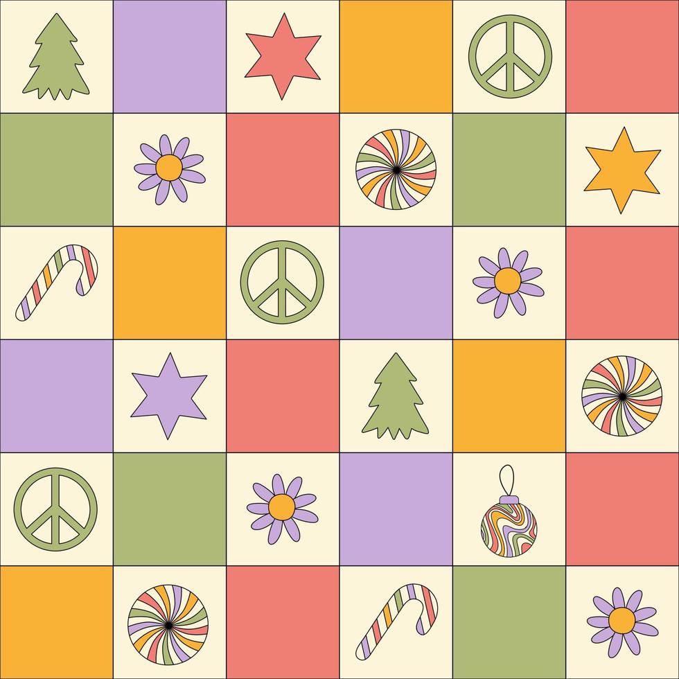 retro groovy Kerstmis naadloos patroon met schaakbord en schattig hippie elementen. pastel kleuren. modieus vector illustratie in stijl jaren 60, jaren 70