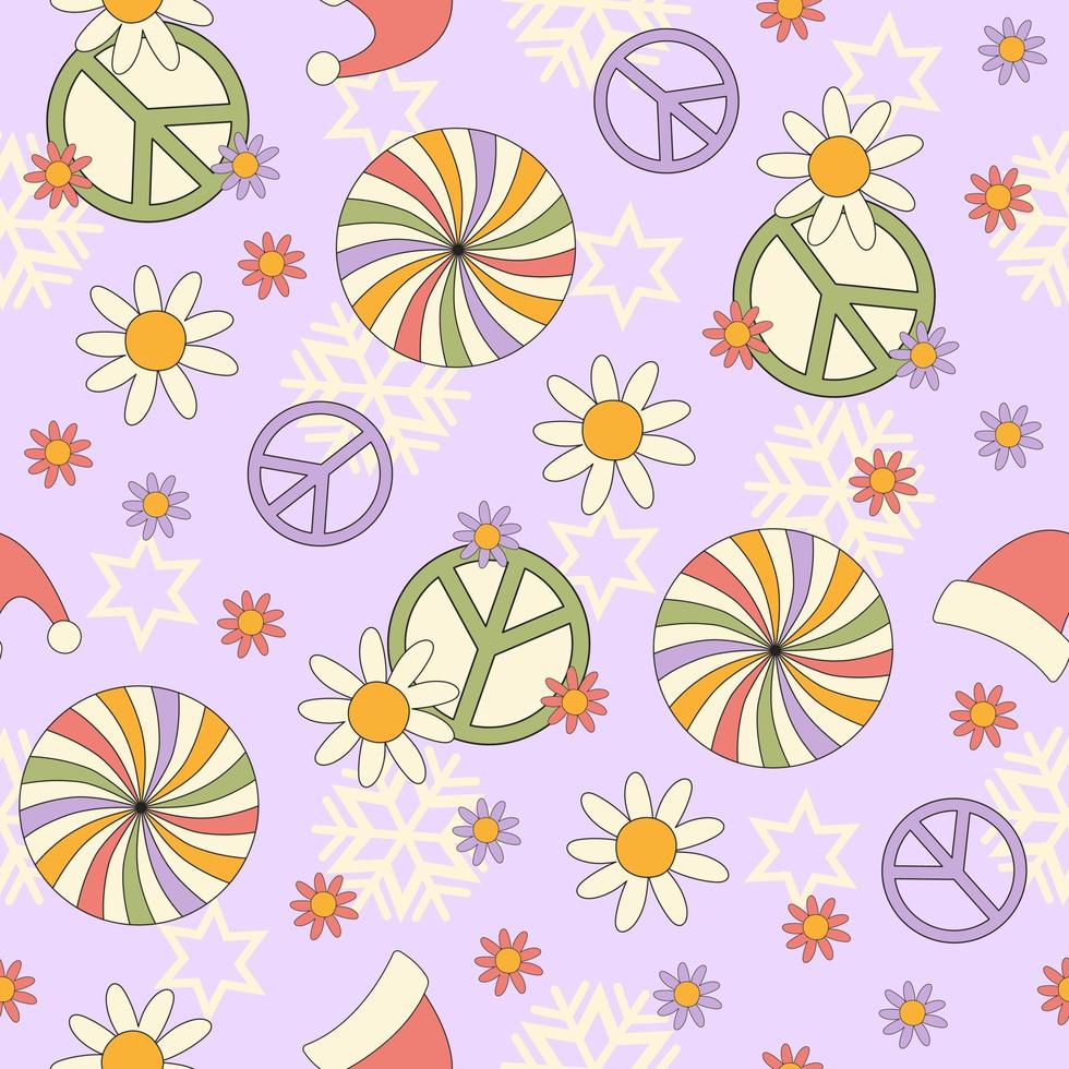 hippie groovy Kerstmis naadloos patroon. retro feestelijk bloemen achtergrond in stijl jaren 60, jaren 70. modieus vector illustratie. pastel kleuren