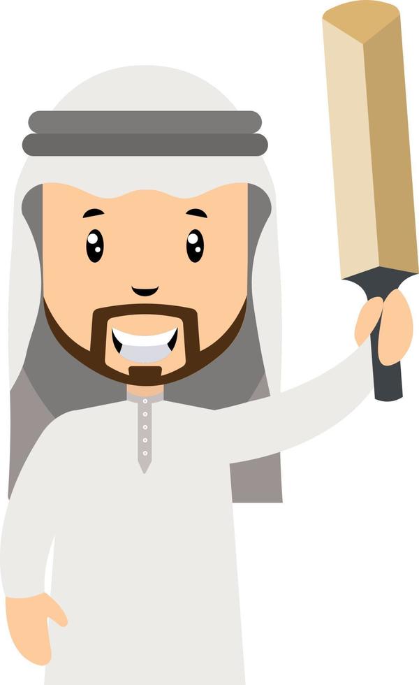 Arabisch mannen met krekel knuppel, illustratie, vector Aan wit achtergrond.