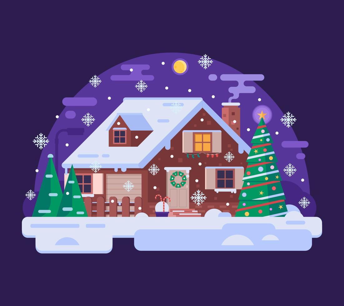 tekenfilm Kerstmis huis door besneeuwd winter nacht vector