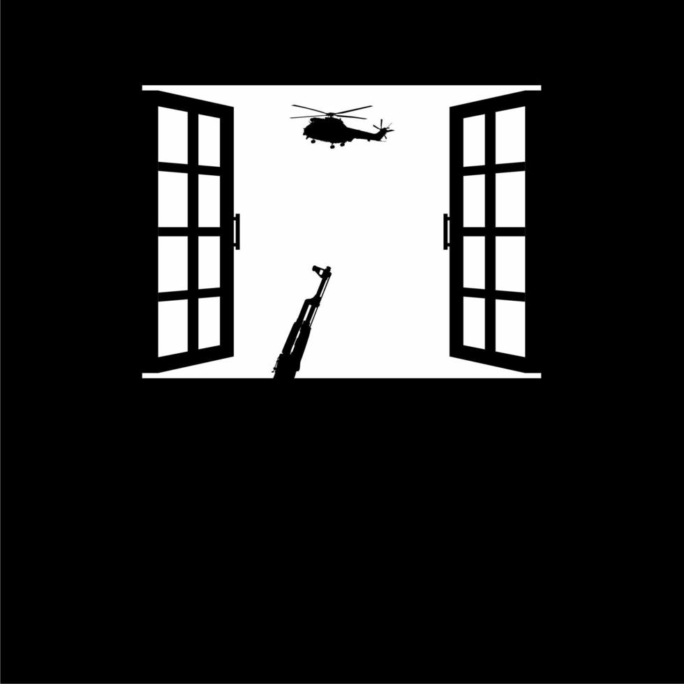 machine wapen geweer en de helikopter aanval, leger voertuigen Aan de ramen. silhouet zichtbaar van de dramatisch van de oorlog, conflict, gevecht en of strijd. vector illustratie