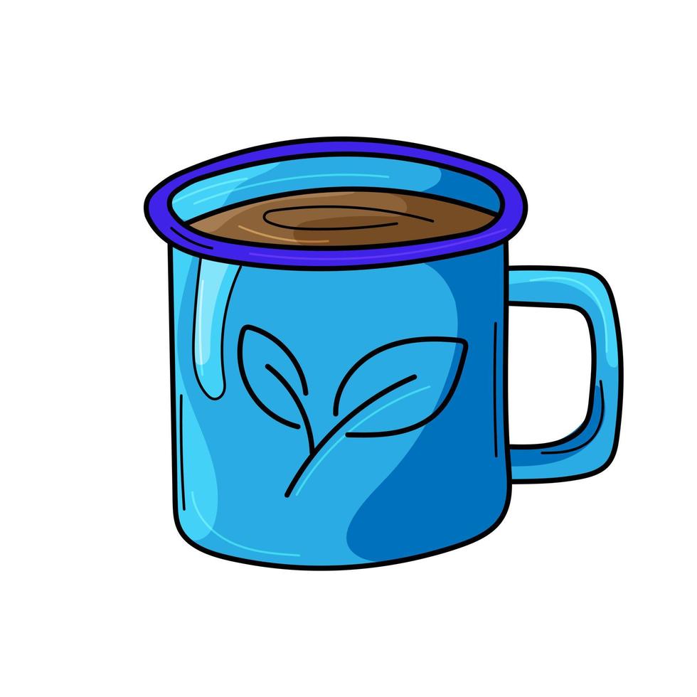 blauw kop van koffie of thee. tekening van een blad Aan een beker. herfst humeur. vector illustratie. tekenfilm stijl