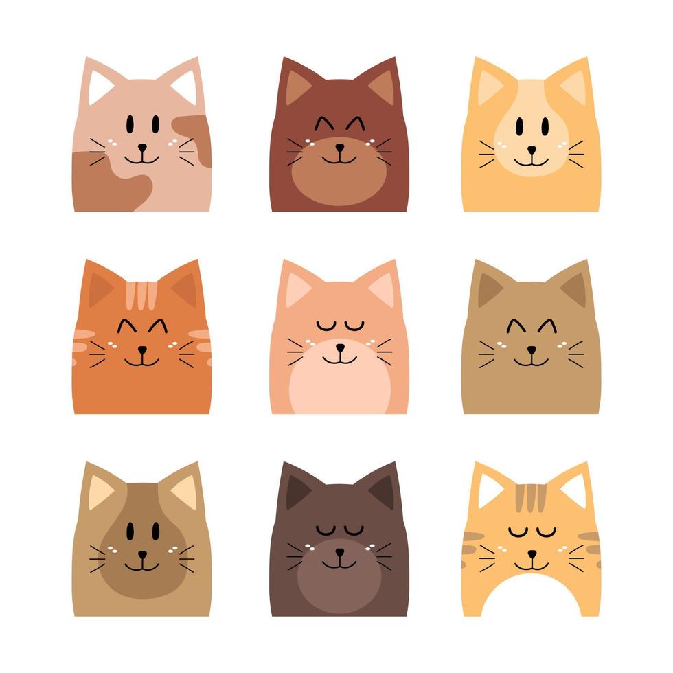 vector illustratie van grappig kat gezichten. verzameling van negen dier portretten voor stickers, maskers, pictogrammen, avatars, sociaal media. huisdier karakters. kat dag