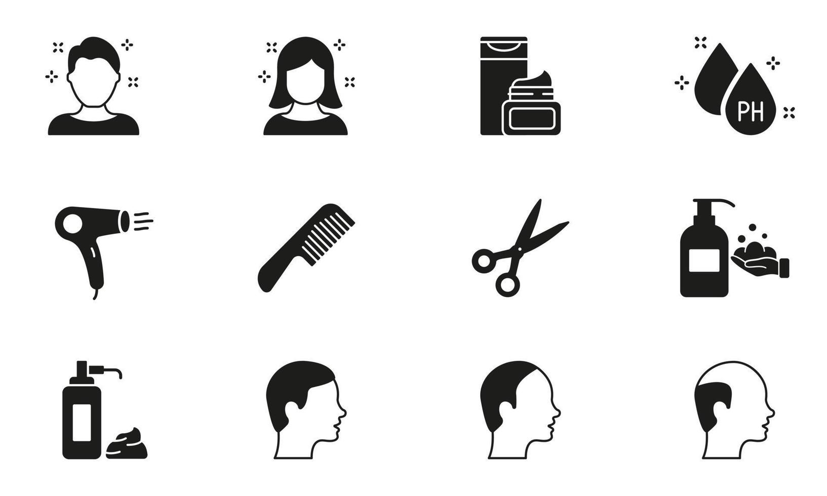 kapperszaak en kapper silhouet pictogrammen. haar- zorg en kappers gereedschap pictogrammen set. kapper kam, schaar, droger, shampoo en scheren room. geïsoleerd vector illustratie.