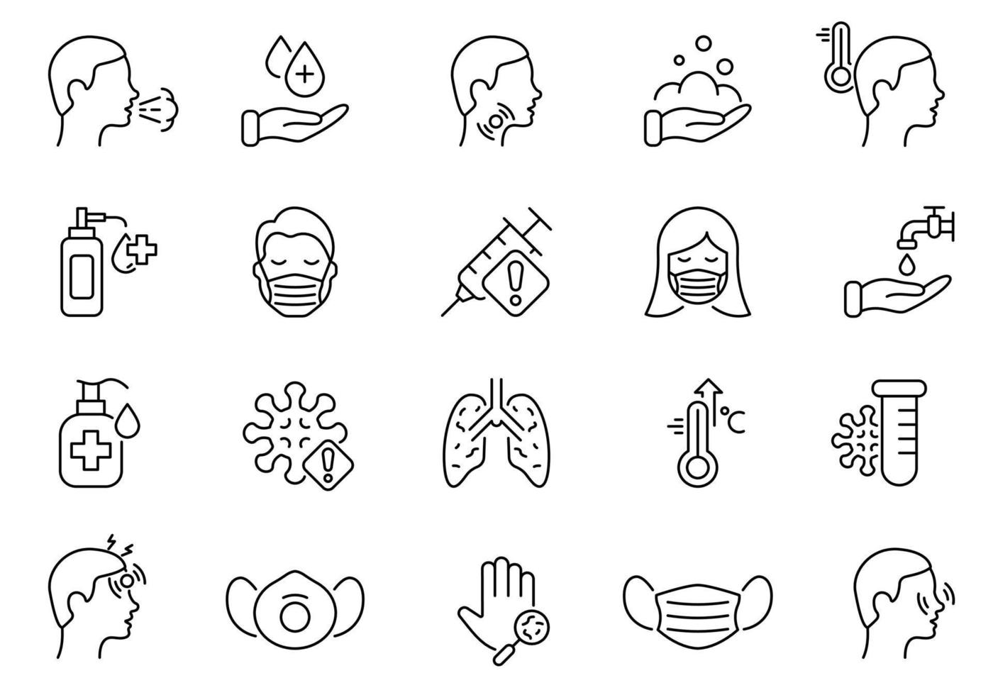 virus en griep lijn icoon set. coronavirus symptomen, veiligheid, masker bescherming, het voorkomen en griep ziekte pictogram. het wassen hand- en ontsmettingsmiddel icoon. bewerkbare hartinfarct. vector illustratie.