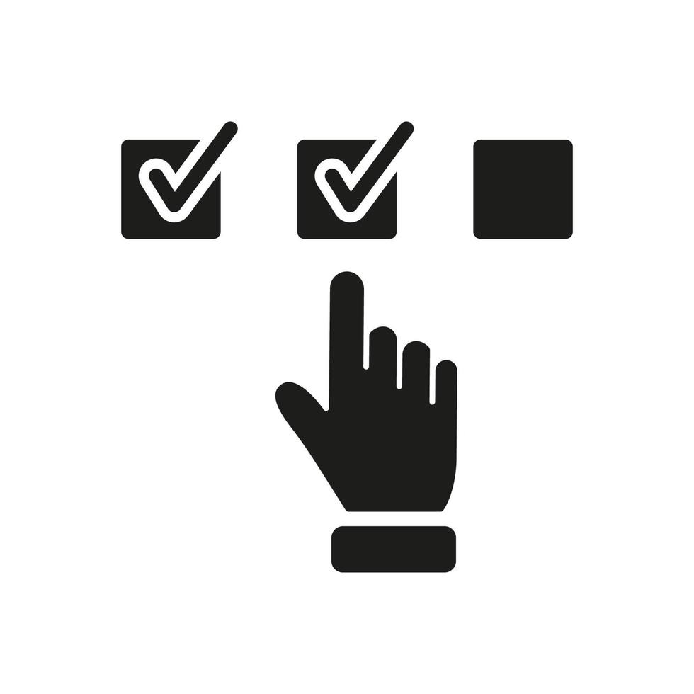 vragenlijst zwart icoon. hand- Kruis aan vinkje silhouet icoon. keuze checkbox in controlelijst. vinger keuze controleren lijst pictogram. digitaal sollicitatie. geïsoleerd vector illustratie.