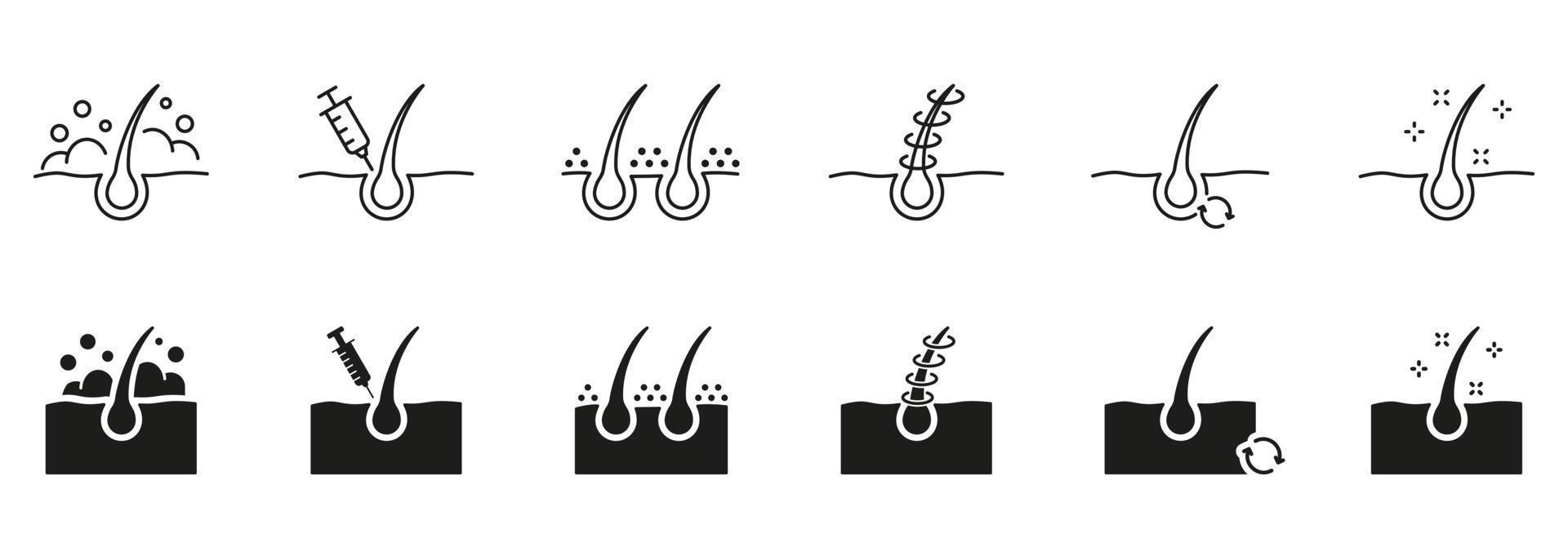 behandeling en probleem van haar. haar- zorg en verlies probleem. transplantatie, roos, injectie, groei en alopecia icoon. haar- kunstmatig lijn en silhouet pictogrammen. geïsoleerd vector illustratie.