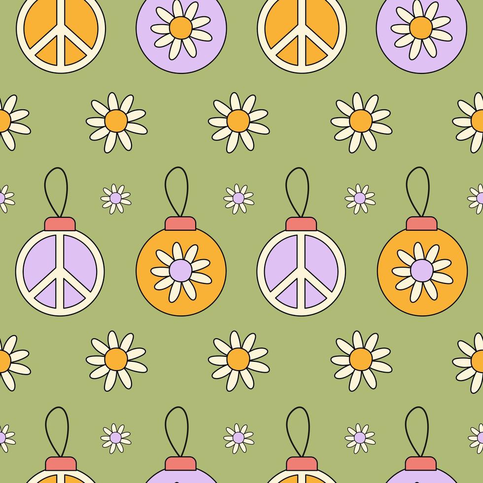 Kerstmis naadloos patroon met retro groovy ballen en madeliefje bloemen Aan een groen achtergrond. vakantie winter afdrukken in stijl hippie jaren 60, jaren 70. vector illustratie.