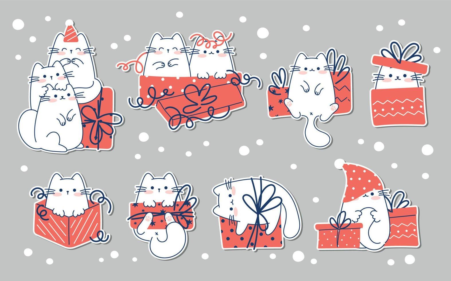 trek grappig stickers met katten voor Kerstmis en winter vector illustratie karakter verzameling grappig katten voor Kerstmis en nieuw jaar. tekening tekenfilm stijl.