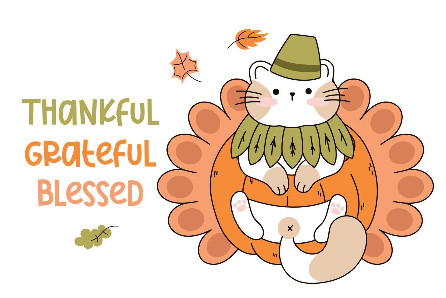 trek grappig kat in een dankzegging pompoen kalkoen kawaii kat met pompoen voor dankzegging en herfst vallen vector illustratie kat karakter verzameling. tekening tekenfilm stijl.