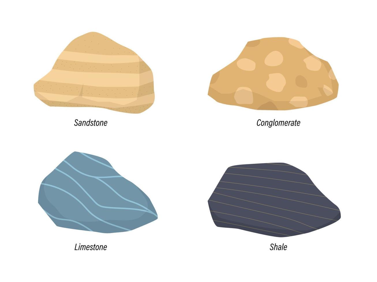 illustratie van sedimentair rots zandsteen, conglomeraat, kalksteen en leisteen vector