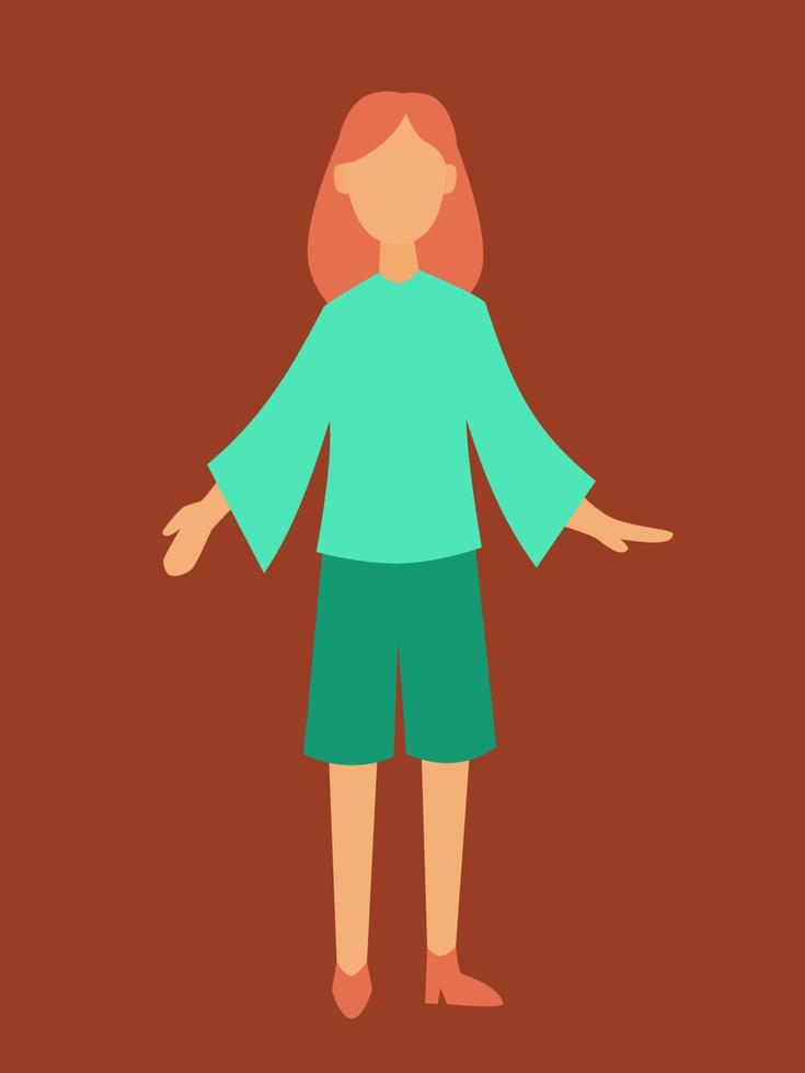 meisje met roze lang haar- staand met een gewoontjes looks geconfronteerd voorkant vlak vector illustratie element sjabloon