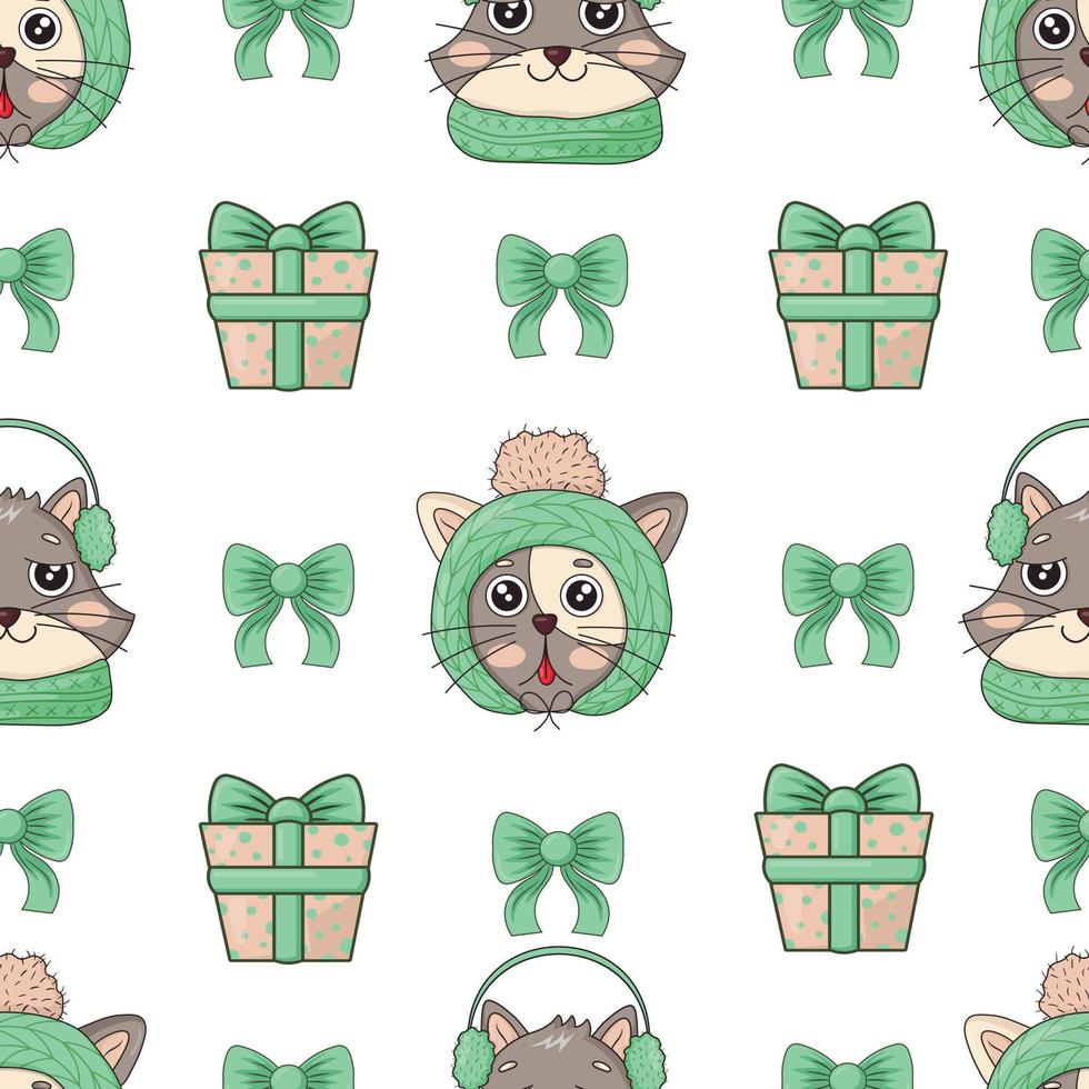 naadloos patroon met hoofden van Kerstmis vrolijk schattig katten in groen gebreid hoeden, warm koptelefoon, bogen en nieuw jaar cadeaus vector