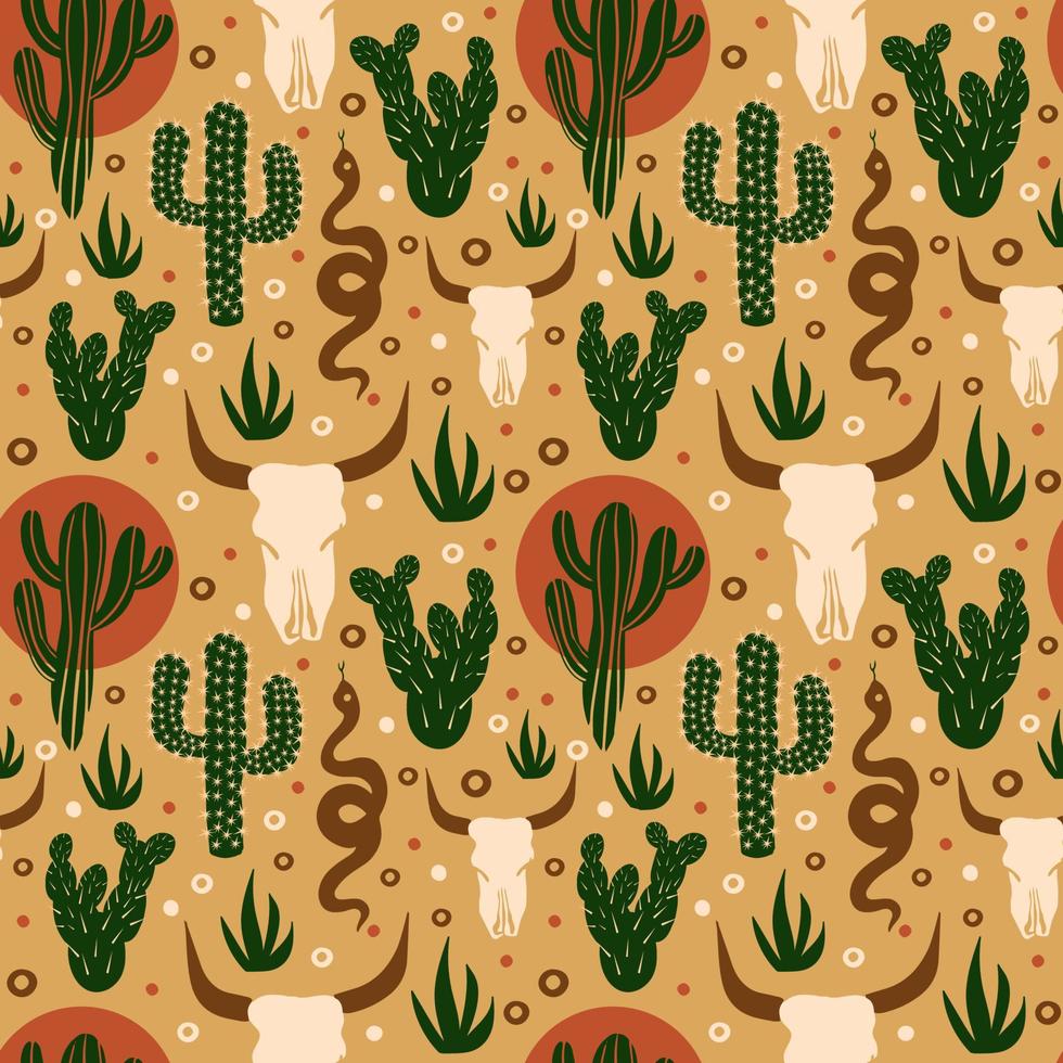 wild west naadloos patroon. cactussen, schedel in de woestijn. vector illustratie
