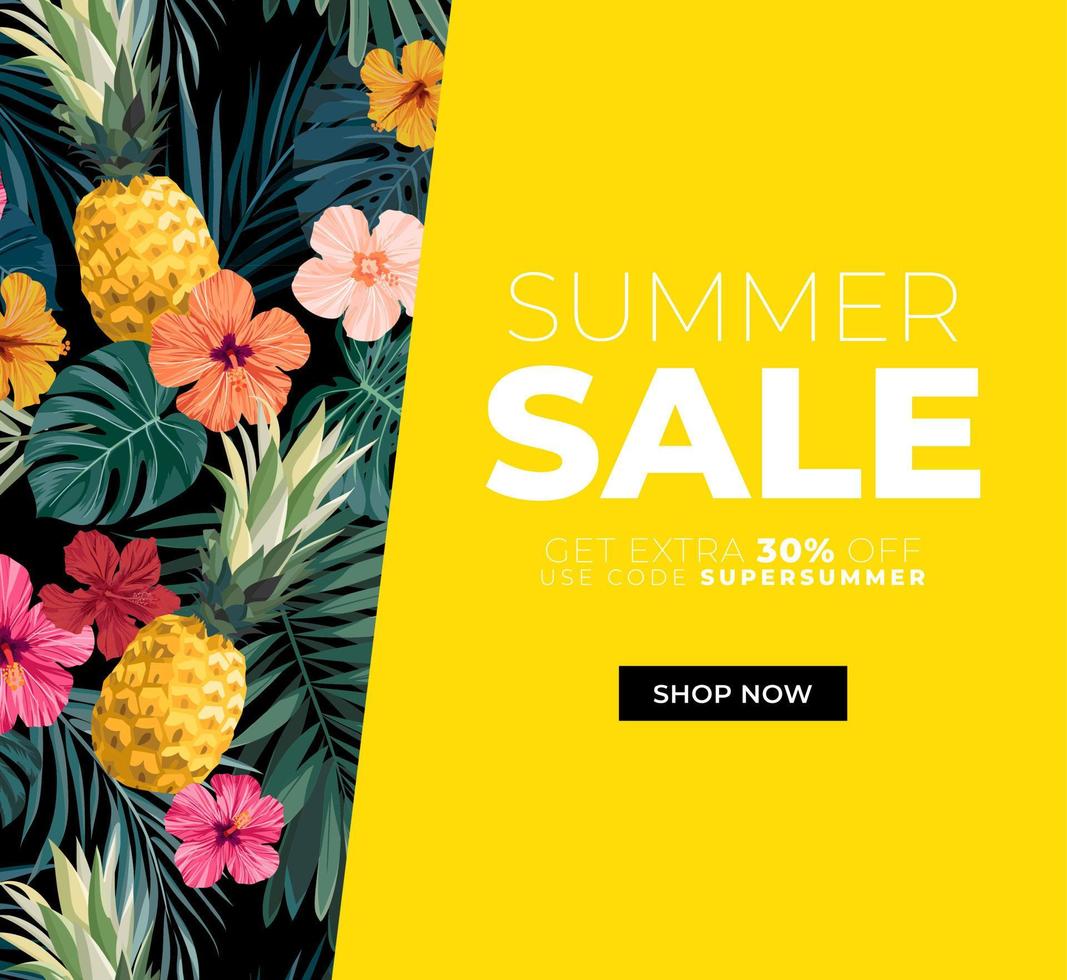 donker vector zomer ontwerp met exotisch palm bladeren, hibiscus bloemen, ananas en ruimte voor tekst. uitverkoop aanbod sjabloon, banier van folder achtergrond. tropisch backdrop illustratie.