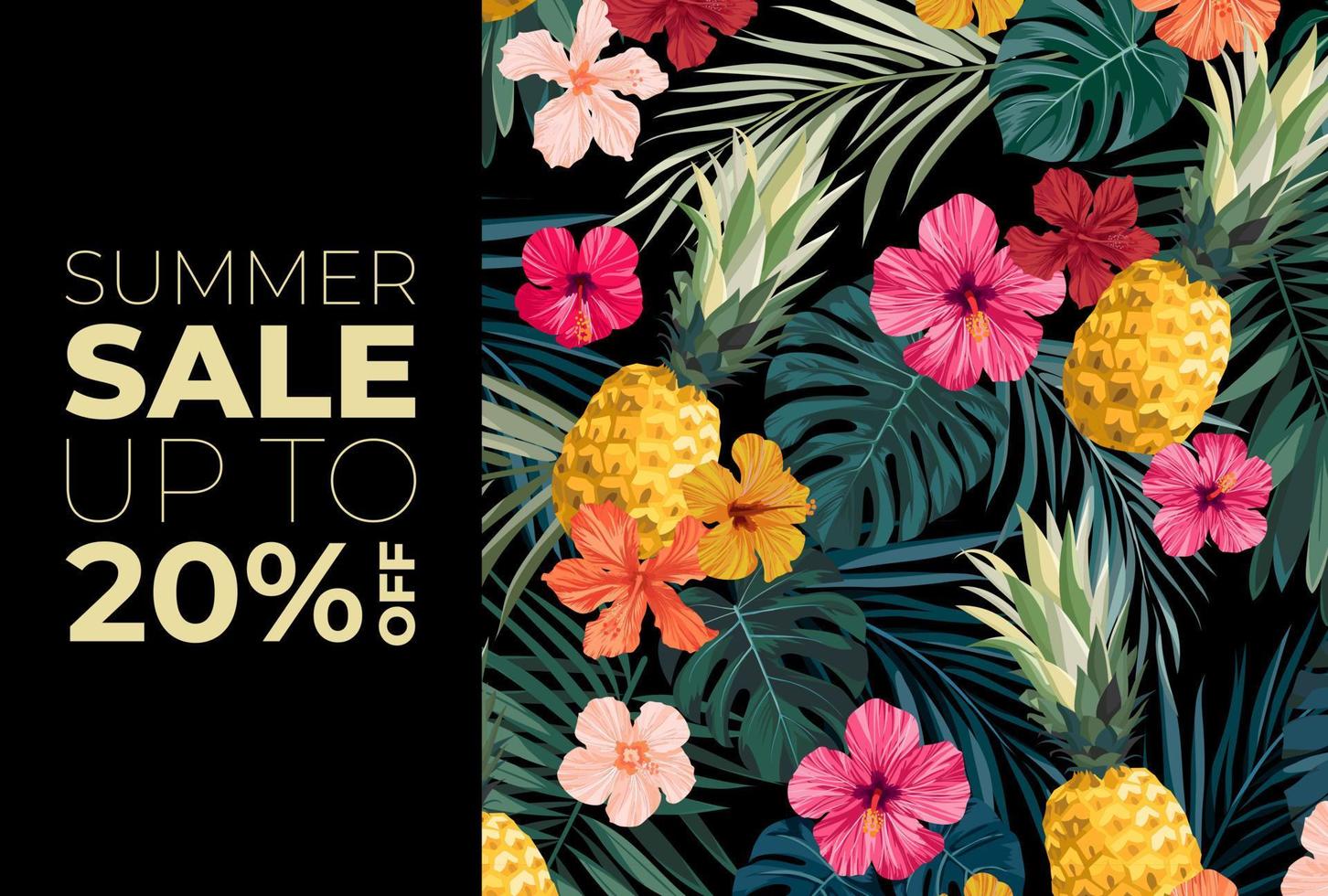 vector zomer ontwerp met exotisch palm bladeren, hibiscus bloemen, ananas en ruimte voor tekst. uitverkoop aanbod sjabloon, banier van folder achtergrond. tropisch backdrop illustratie.