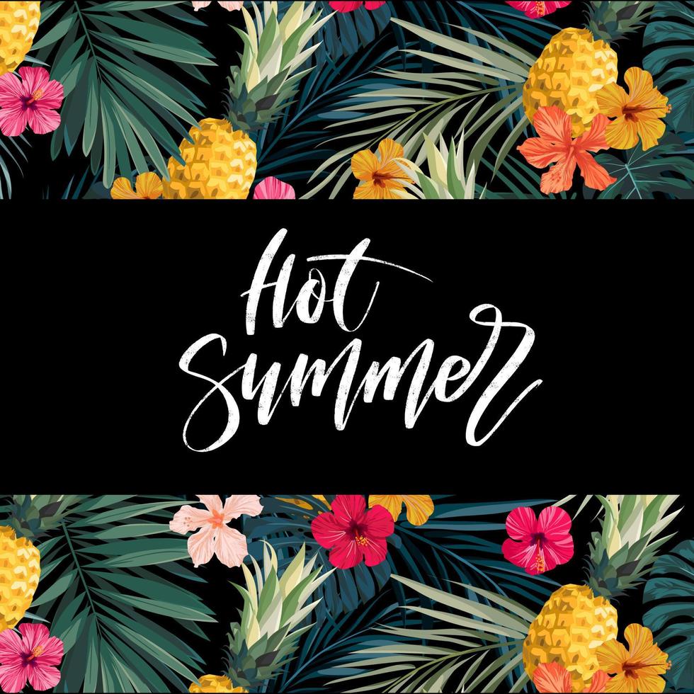 vector zomer ontwerp met exotisch palm bladeren, hibiscus bloemen, ananas en ruimte voor tekst. uitverkoop aanbod sjabloon, banier van folder achtergrond. tropisch backdrop illustratie.