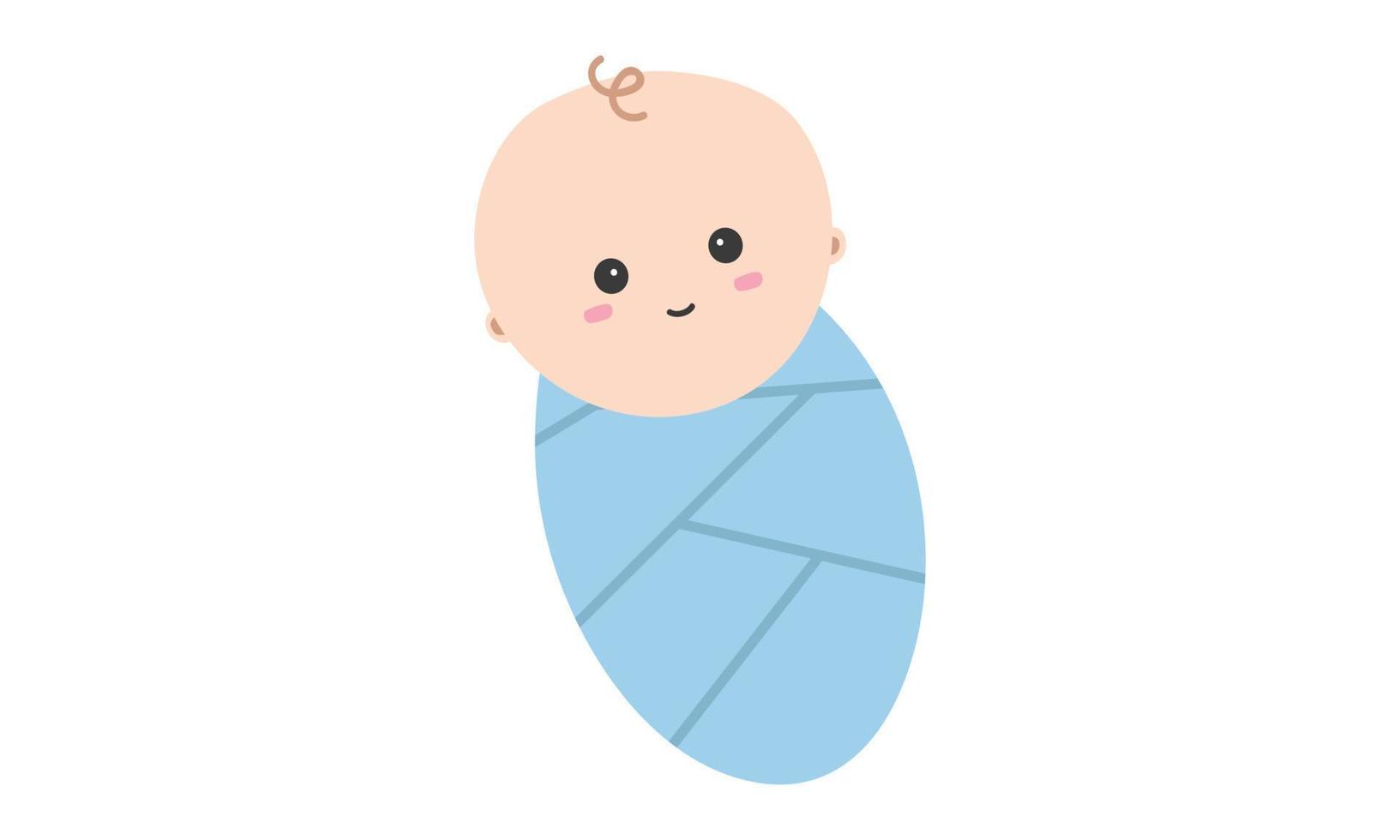 glimlachen baby inbakeren clip art. gemakkelijk schattig glimlach baby inbakeren in blauw inpakken vlak vector illustratie. gelukkig zuigeling baby inbakeren tekenfilm stijl. kinderen, baby douche, pasgeboren en kinderkamer decoratie concept