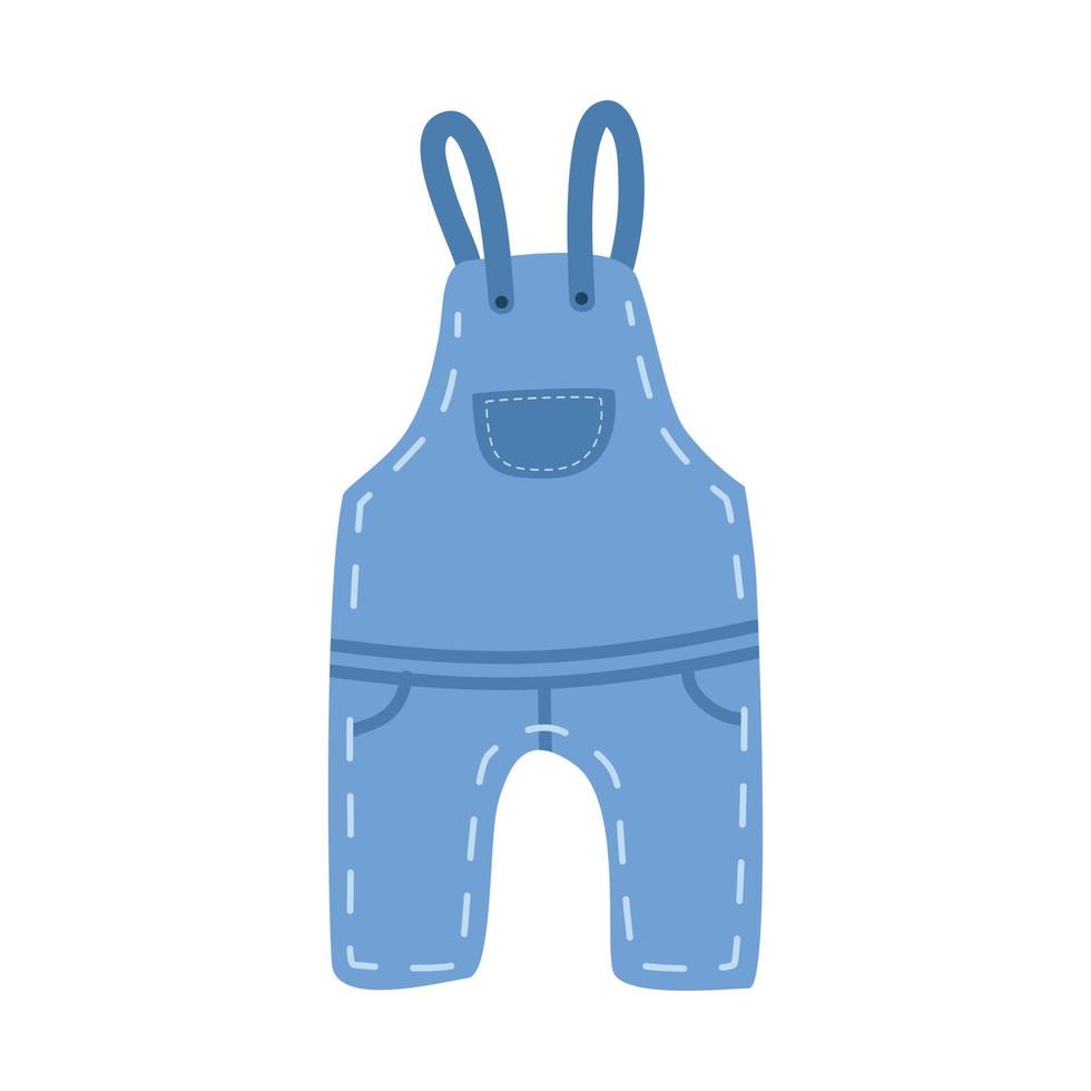 baby denim overall clip art. gemakkelijk schattig baby kleuter blauw jean algemeen vlak vector illustratie. baby denim jumpsuit of tuinbroek tekenfilm hand- getrokken tekening stijl. kinderen, baby douche, kinderkamer decoratie