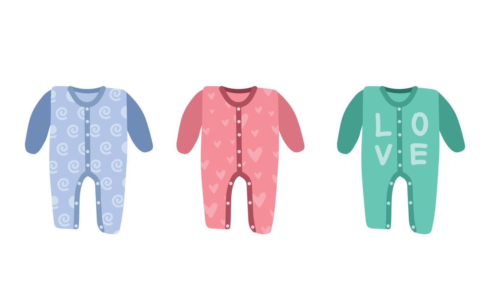 vector reeks van babygroei clip art. gemakkelijk schattig baby slaappak, rompertje, overall, Onesie vlak vector illustratie. babygroei zuigeling kleren voor baby slapen tekenfilm stijl. kinderen, baby douche, pasgeboren