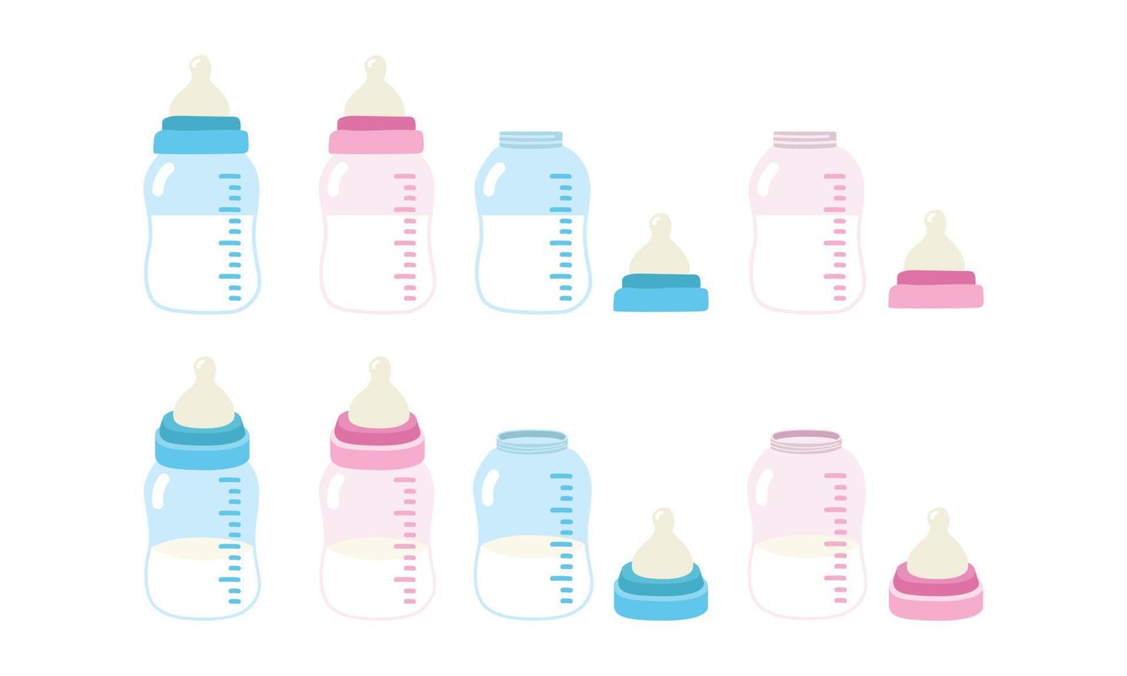 vector reeks van blauw en roze baby fles en tepel clip art. baby flessen voor jongens en meisjes vlak vector illustratie. voeden fles en tepels tekenfilm stijl. kinderen, pasgeboren en kinderkamer decoratie