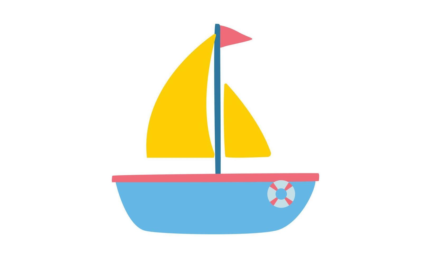 schattig tekenfilm zeilboot clip art. gemakkelijk zeil boot vlak vector illustratie. minimalistische boot met zeil, vlag en leven ring tekenfilm stijl icoon. baby boot speelgoed- hand- getrokken vector ontwerp. kind bad speelgoed- concept