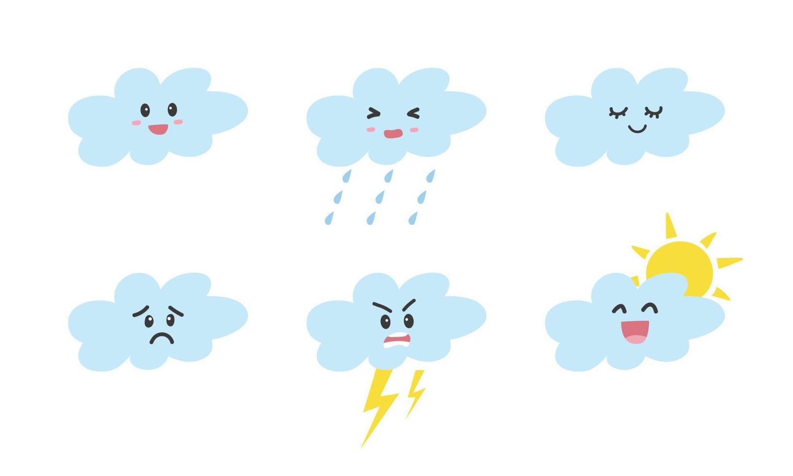 reeks van schattig baby douche wolken met verschillend emoties clip art. gemakkelijk schattig karakter, wolk kawaii gezicht vlak vector illustratie. zoet grappig lachend, huilen, lachend wolk gezichten tekenfilm stijl icoon