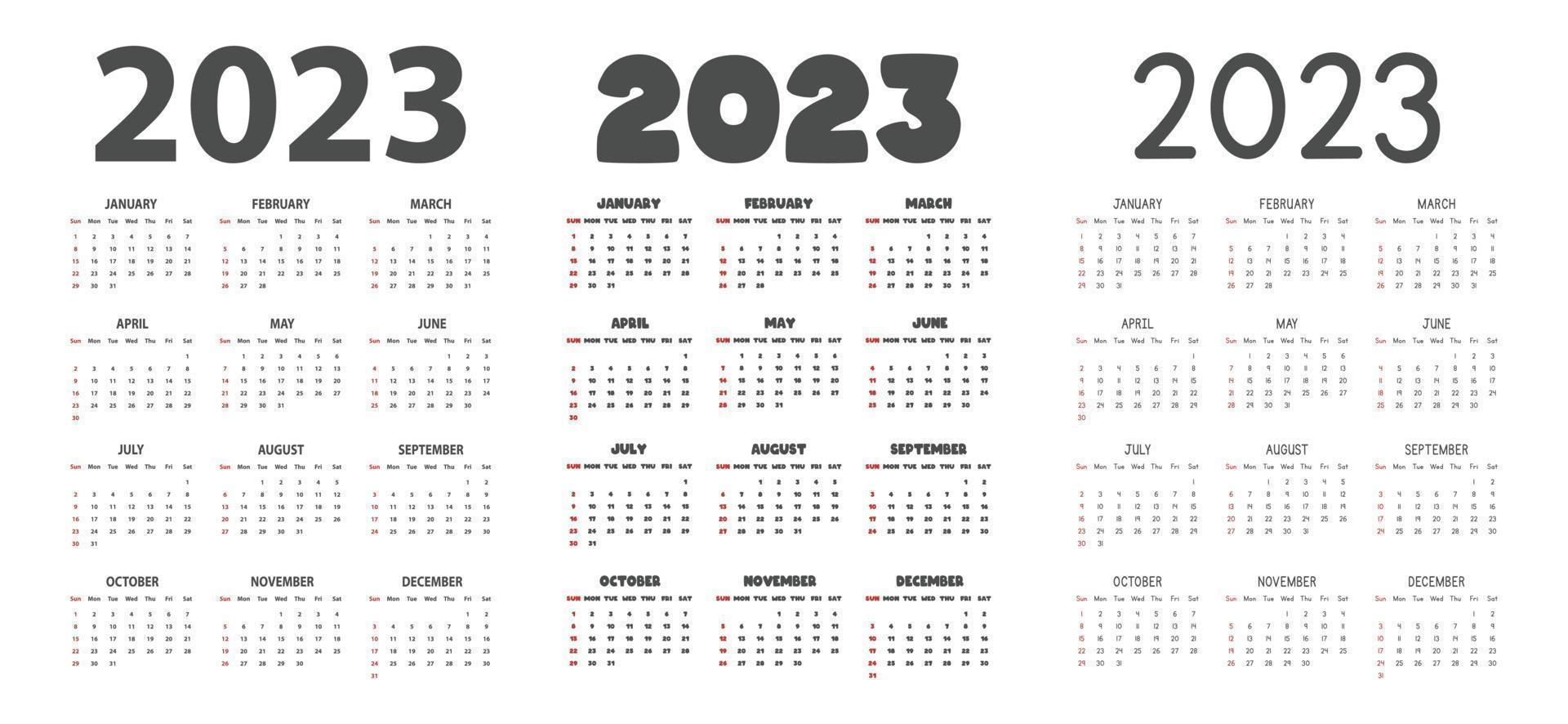 2023 kalender in verschillend fonts stijl vector illustratie. gemakkelijk klassiek maandelijks kalender voor 2023 in zonder, vetgedrukt, tekenfilm lettertype. de week begint zondag. minimalistische kalender ontwerper jaar 2023 sjabloon