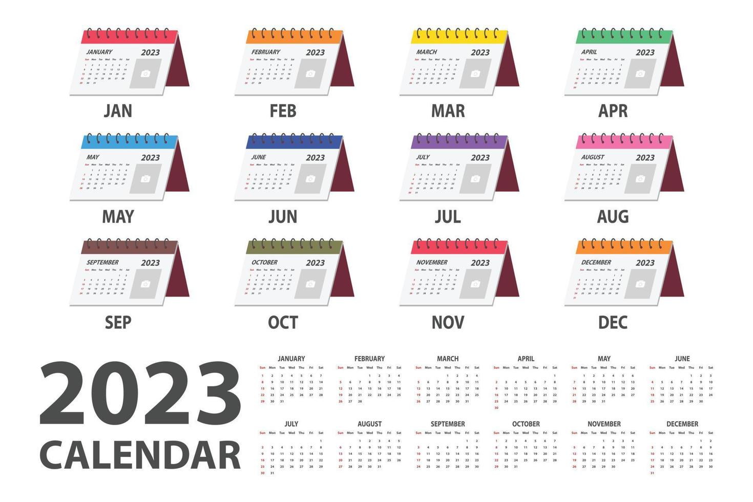 2023 kalender vector illustratie. gemakkelijk klassiek maandelijks kalender voor 2023 met clip art van veelkleurig bureau kalender. de week begint Aan zondag. minimalistische kalender ontwerper 2023 jaar sjabloon het drukken