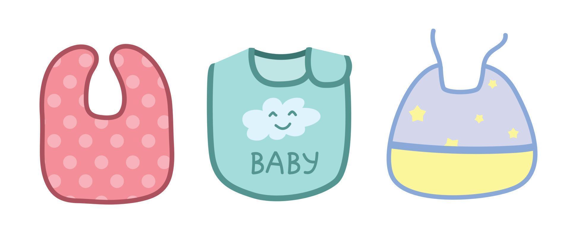 vector reeks van schattig baby slabbetje clip art. gemakkelijk schattig slabbetjes voor baby voeden vlak vector illustratie. baby schort of slabbetje met verschillend patroon ontwerpen tekenfilm stijl. kinderen, baby douche, kinderkamer decoratie