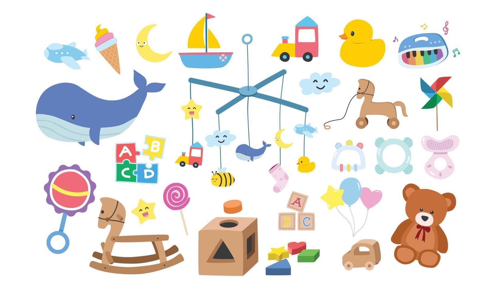 vector reeks van kinderen speelgoed clip art. gemakkelijk schattig baby speelgoed vlak vector illustratie. kinderen speelgoed rubber eend, baby mobiel, piano, vorm sorteerder, teddy beer, baby blokken, rammelaar, bijtring, puzzel tekenfilm