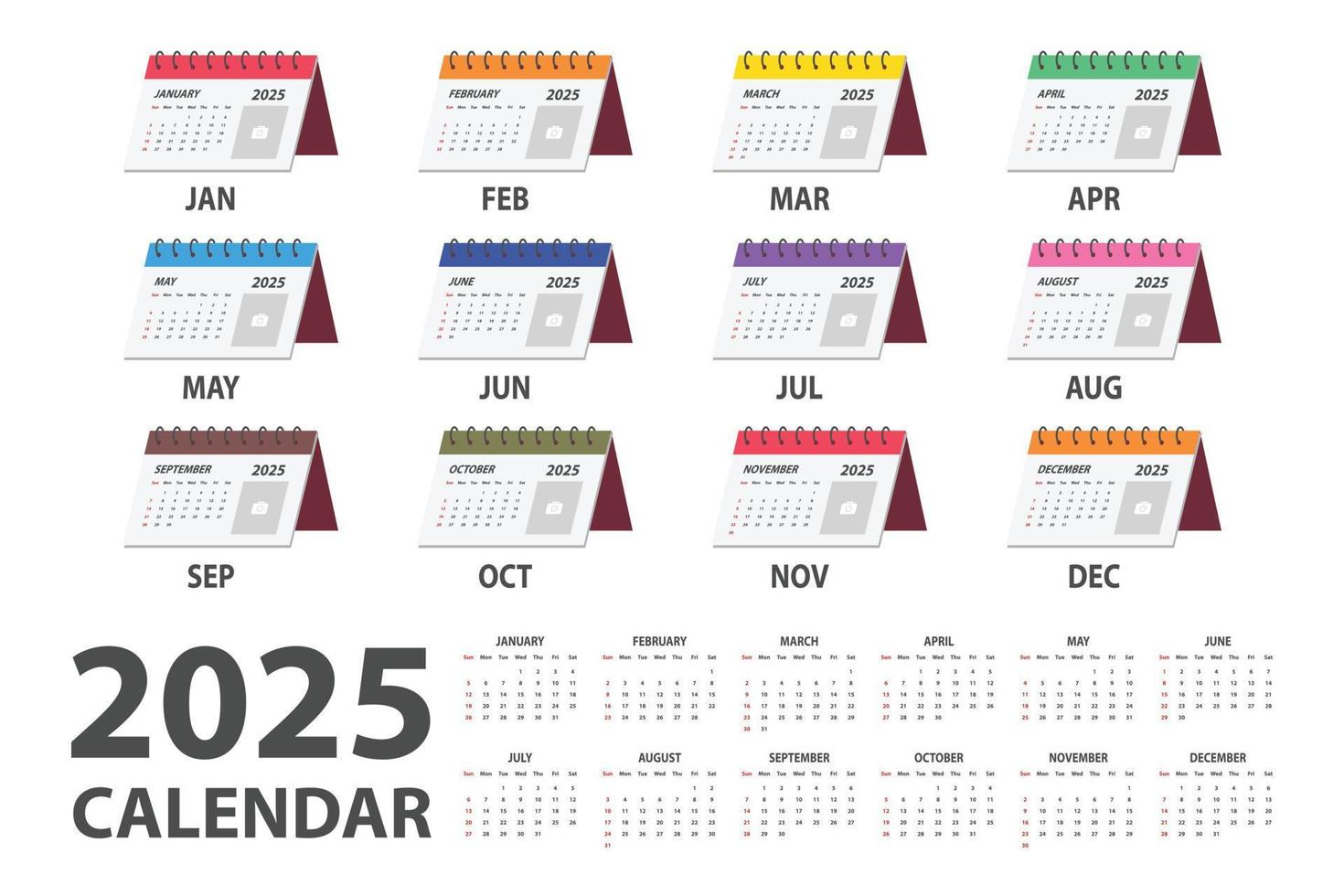 2025 kalender vector illustratie. gemakkelijk klassiek maandelijks kalender voor 2025 met tekenfilm clip art van veelkleurig bureau kalender. de week begint Aan zondag. minimalistische kalender ontwerper jaar 2025 sjabloon