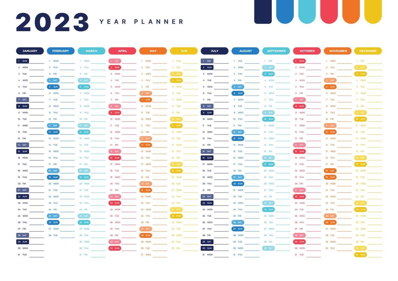 2023 jaar planner. muur ontwerper kalender met kleurrijk ontwerp. vector illustratie klaar naar afdrukken.