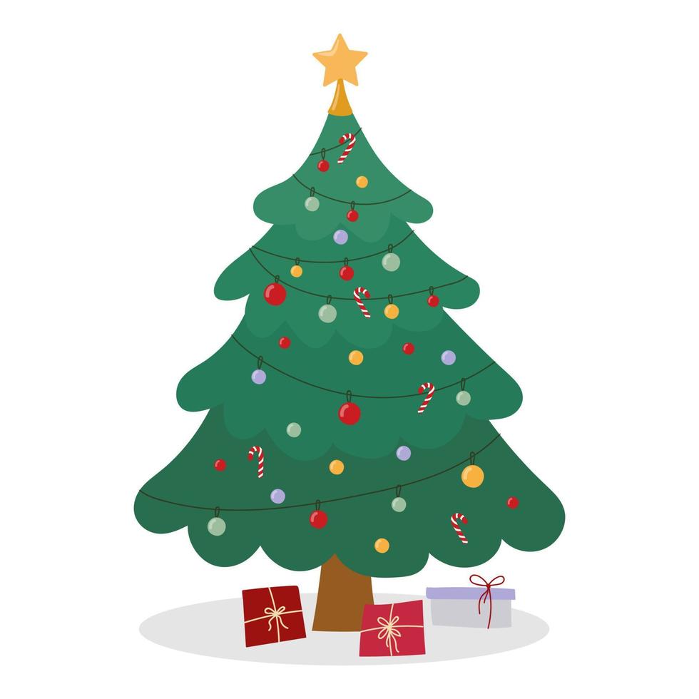 kerstboom versierd met slingers en ballen, met geschenkdozen. vrolijk kerstfeest en een gelukkig nieuw jaar. vector