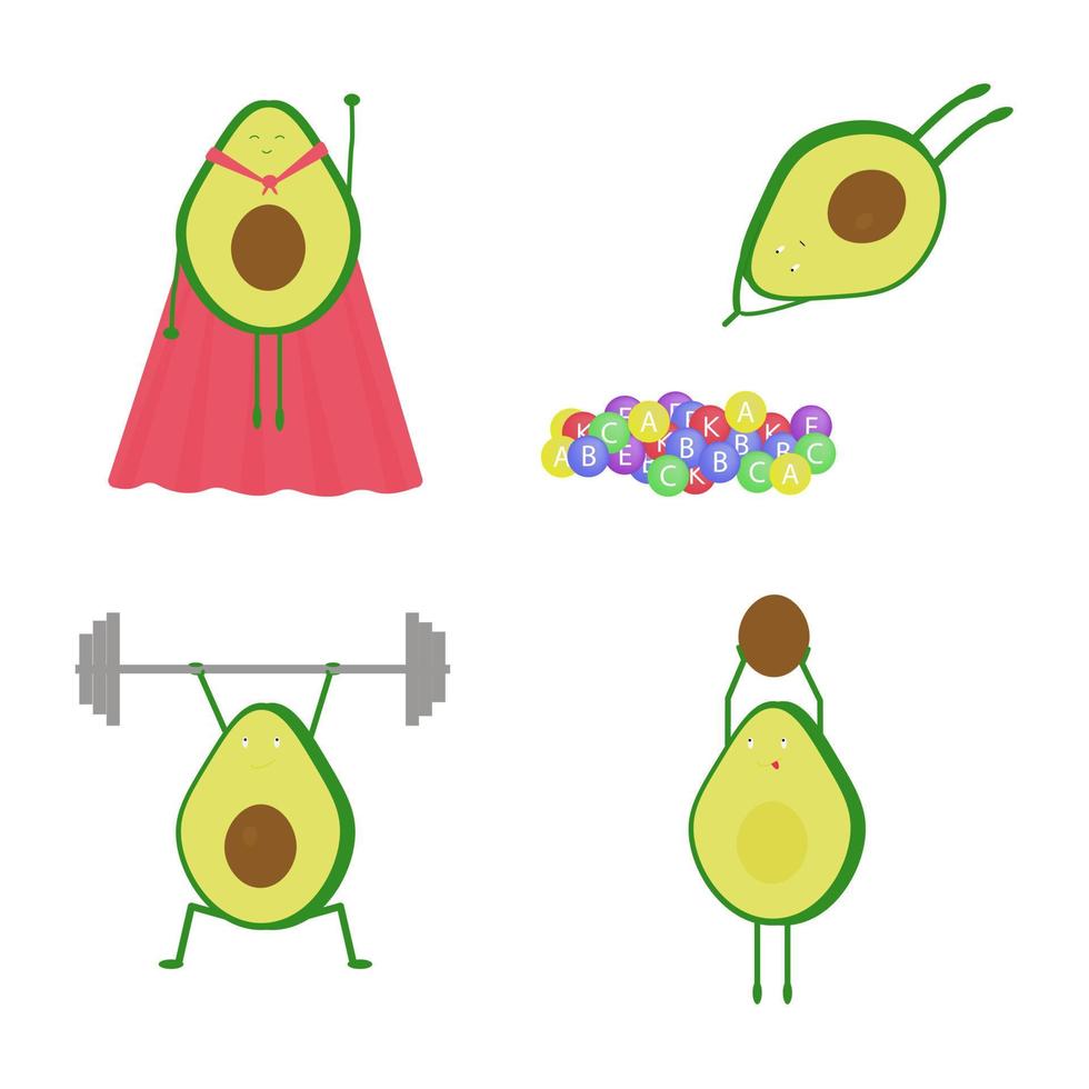 reeks van illustraties met avocado sport- en avocado superheld. duiken in vitamines, hijs- gewichten en basketbal. tekenfilm. vector illustratie